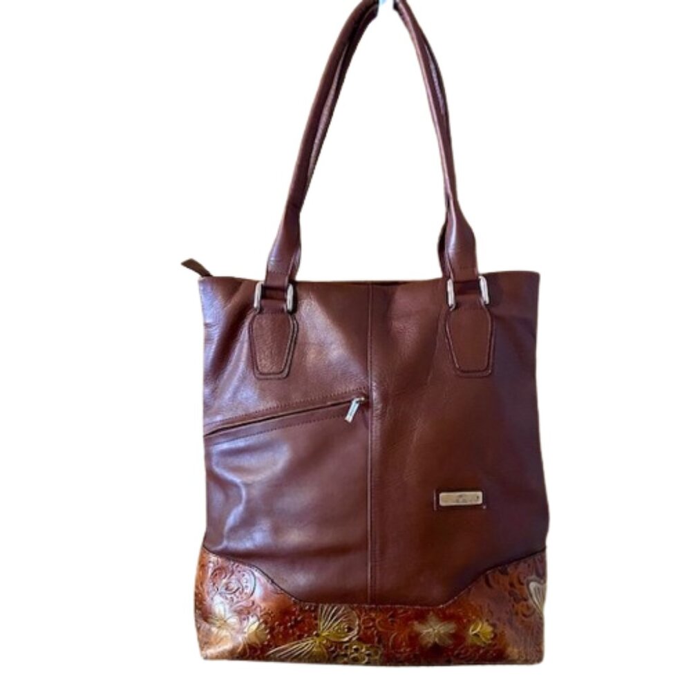 Mario Hernandez Millenium Shoulder Bag Brown Leather Embossed Butterflies